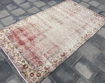 4.1 x 7 ft, Large Red rug, Turkish rug, Vintage Area rug, Pale rug, Distressed rug, Oushak rug, Wool rug, Oriental rug, Dining room rug