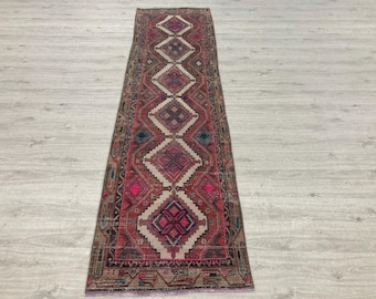 Vintage Turkish Runner Rug, Handwoven Pink Tribal Geometric Hallway Carpet (2.6x9.5 Ft)