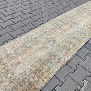 2.3x11.8ft, Brown Narrow Turkish Oushak Patchwork Rug, Vintage Handwoven Wool Runner Rug