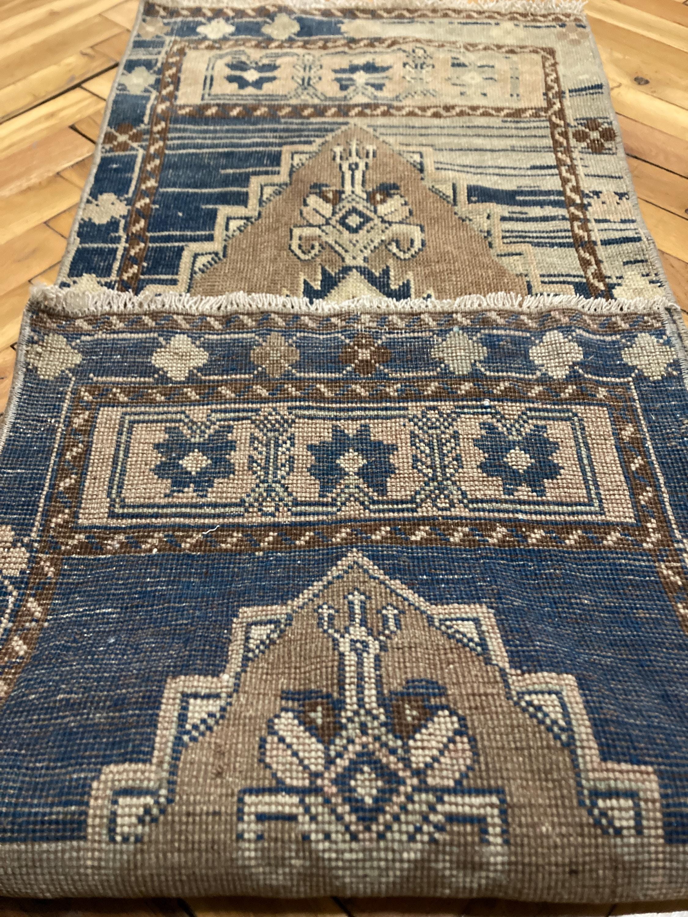 1.5x4.1ft, Blue Turkish Oushak Wool Doormat Rug, Handmade Vintage