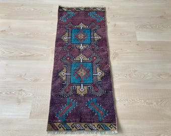 Alfombra mini vintage, alfombra turca, alfombra rústica, alfombra boho, alfombra de lana, alfombra rosa azul, alfombra boho, alfombra de felpudo, alfombra Oushak, alfombra de cocina, 40 x 100 cm