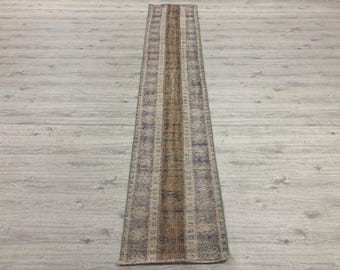 2x10 Purple Patchwork Narrow Rug, Vintage Turkish Wool Runner, Antique Hallway Carpet (1.9x10 ft)