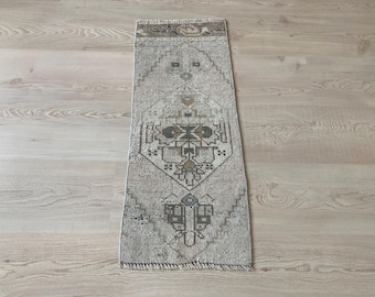 1x2.5ft, Small Turkish rug, Neutral rug, Vintage rug, Muted rug, Faded rug, Brown rug, Boho rug, Doormat rug, Oushak rug, Wool rug, Bath rug