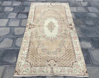 4x7 Yellow rug, 4x7 Area rug, 4x7 Turkish rug, Vintage rug, Bohemian rug, Large rug, Oushak Wool rug, Pastel rug, Bedroom rug, 3.7x7.2ft