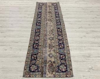 3x9 Brown Blue Patchwork Hallway Carpet, Floral Vintage Turkish Wool Runner Rug