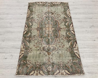 3.6x6.5 ft, Vintage Turkish Area Rug, Green Brown Antique Oushak Wool Rug, Ethnic Boho Decor