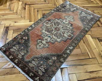 70x30 Türkischer Teppich, 60x30 Vintage Teppich, Handteppich, 60x30 cm, Oranger Teppich, Kleiner Teppich, Ethno-Teppich, Natürlicher Teppich, Türteppich