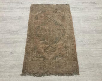 2x3 Brown Boho Pastel Doormat, Vintage Turkish Neutral Wool Rug (1.8x3ft)