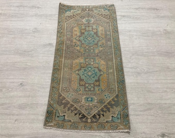 Small Brown Oushak Wool Rug, Turkish Vintage Neutral Doormat (1.6x3.5ft)