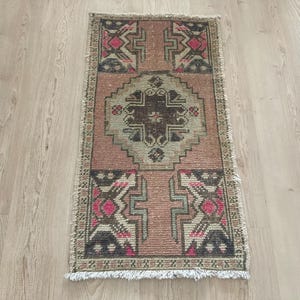1.6x3ft, Turkish mini rug, Bohemian rug, Vintage rug, Small Pink rug, Pastel rug, Boho rug, Doormat rug, Oushak rug, Wool rug, Bath rug