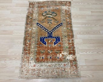 Turkish rug, Small Vintage rug, Ethnic rug, Brown rug, Oriental rug, Mini rug, Boho Wool rug, Doormat rug, Oushak rug, Bath rug, 2.1x3.5ft