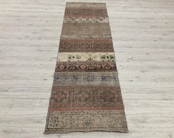 Vintage Turkish Wool Runner Rug, 3x9 Pink Blue Patchwork Corridor Carpet (2.7x8.7 ft)