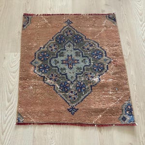 Orange Square rug, Turkish mini rug, Oriental rug, Vintage rug, Small rug, Boho rug, Doormat rug, Oushak Wool rug, Kitchen rug, 1.9x2.1 ft