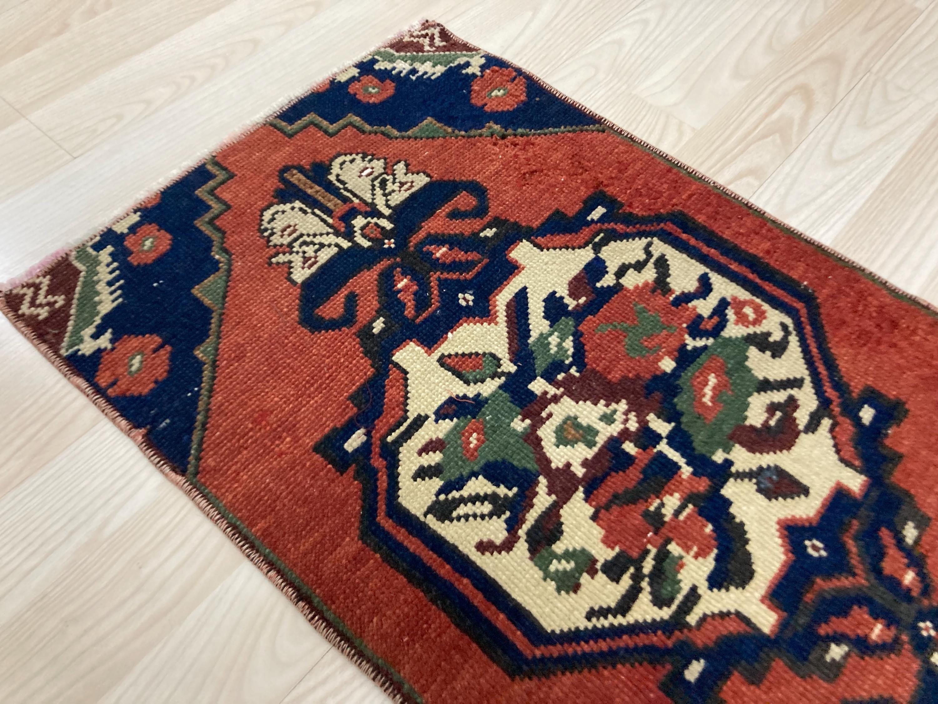Pink Hand Knotted Wool Vintage Rustic Doormat, Antique Turkish