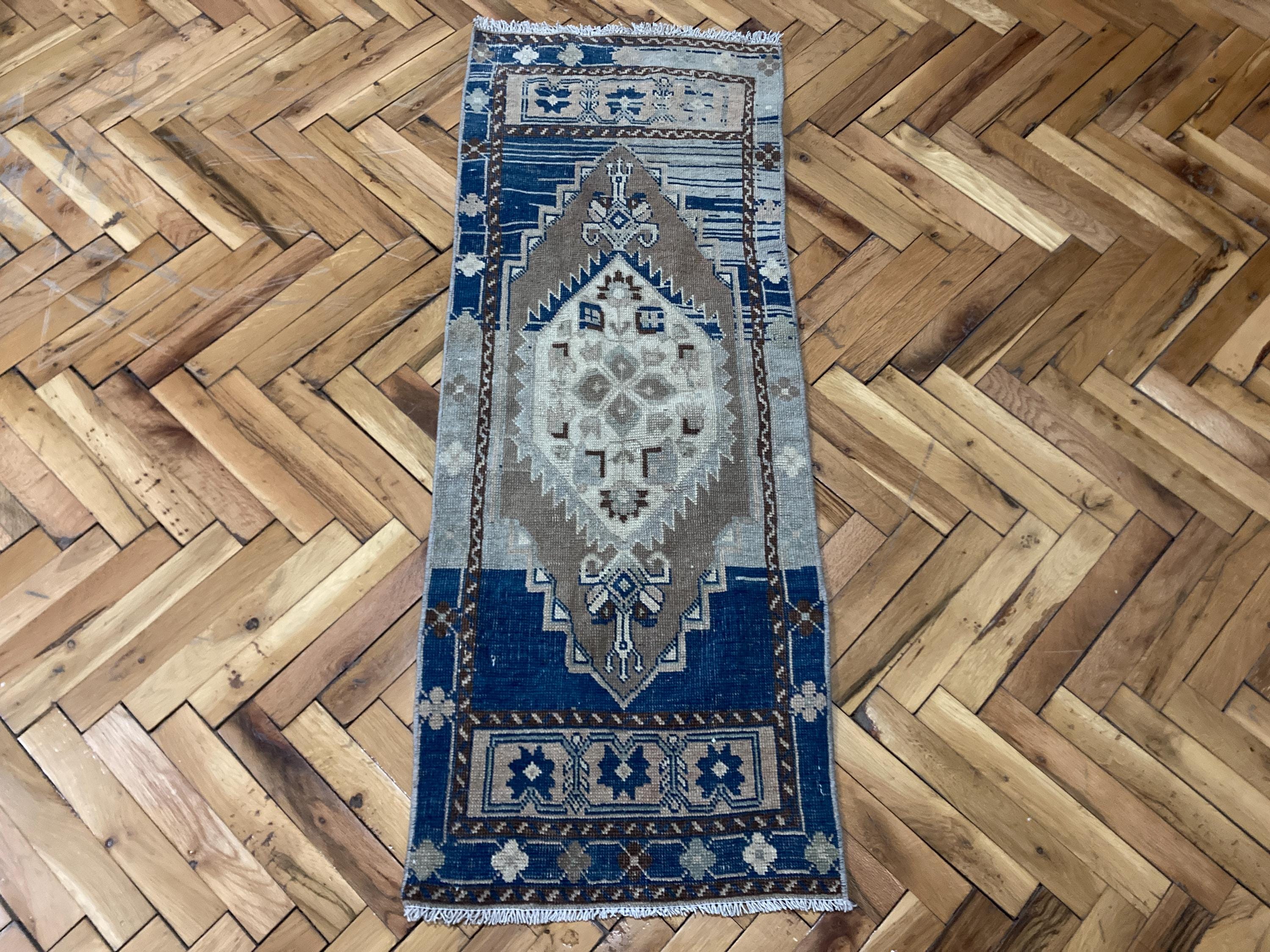 1.5x4.1ft, Blue Turkish Oushak Wool Doormat Rug, Handmade Vintage