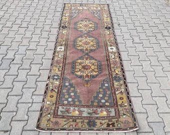 3x9 Turkish rug, 3x9 runner rug, 3x9 Pink rug, Vintage rug, Ethnic rug, Oushak Wool rug, Corridor rug, Bohemian rug, Entryway rug, 3.3x9.2ft