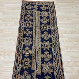 1,9 x 4,5 Fuß, brauner türkischer Oushak-Patchworkteppich, Vintage-handgeknüpfter Wollküchenteppich