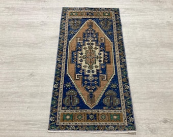 Small Brown Blue Oushak Doormat, Vintage Turkish Handwoven Wool rug (1.7x3.4 ft)