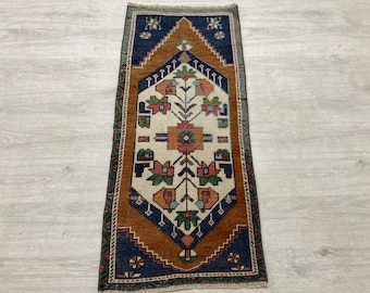 2x4 Vintage Turkish Wool Rug, Orange Blue Antique Oushak Doormat (1.7x3.9 ft)