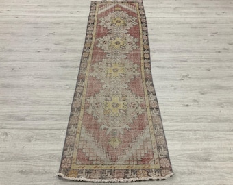 3x9 Pink Distressed Narrow Corridor Carpet, Vintage Turkish Handmade Runner Rug (2.7x9.2ft)