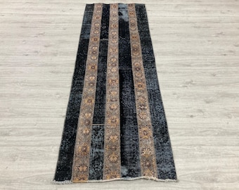 3x8 Vintage Turkish Wool Runner, Brown Black Patchwork Floral Corridor Carpet (2.8x8 ft)