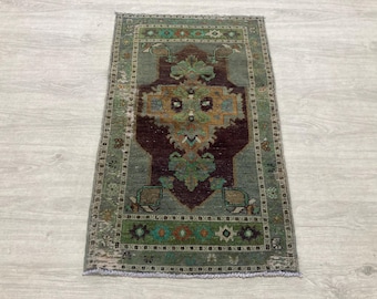 2x3 Purple Green Wool Rug, Vintage Turkish Oushak Rug, Handmade Oriental Bath Mat