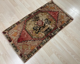 1.5x2.7ft, Small Red Rug, Turkish Rug, Vintage Mini Rug, Antique