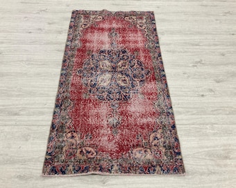 Vintage Turkish Wool rug, 3x6 Red Oushak Area rug, Distressed Oriental Carpet (3.1x6 ft)