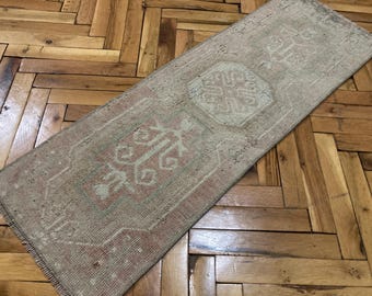 Faded Pink rug, Neutral rug, Pale rug, Boho decor rug, Vintage mini rug, Turkish rug, Doormat rug, Oushak rug, Wool rug, Bath rug, 1.2x3.5ft