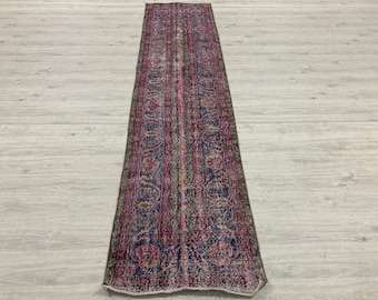 2.4x10.1 ft Blue Pink Patchwork Floral Hallway Carpet, Narrow Vintage Turkish Wool Runner Rug