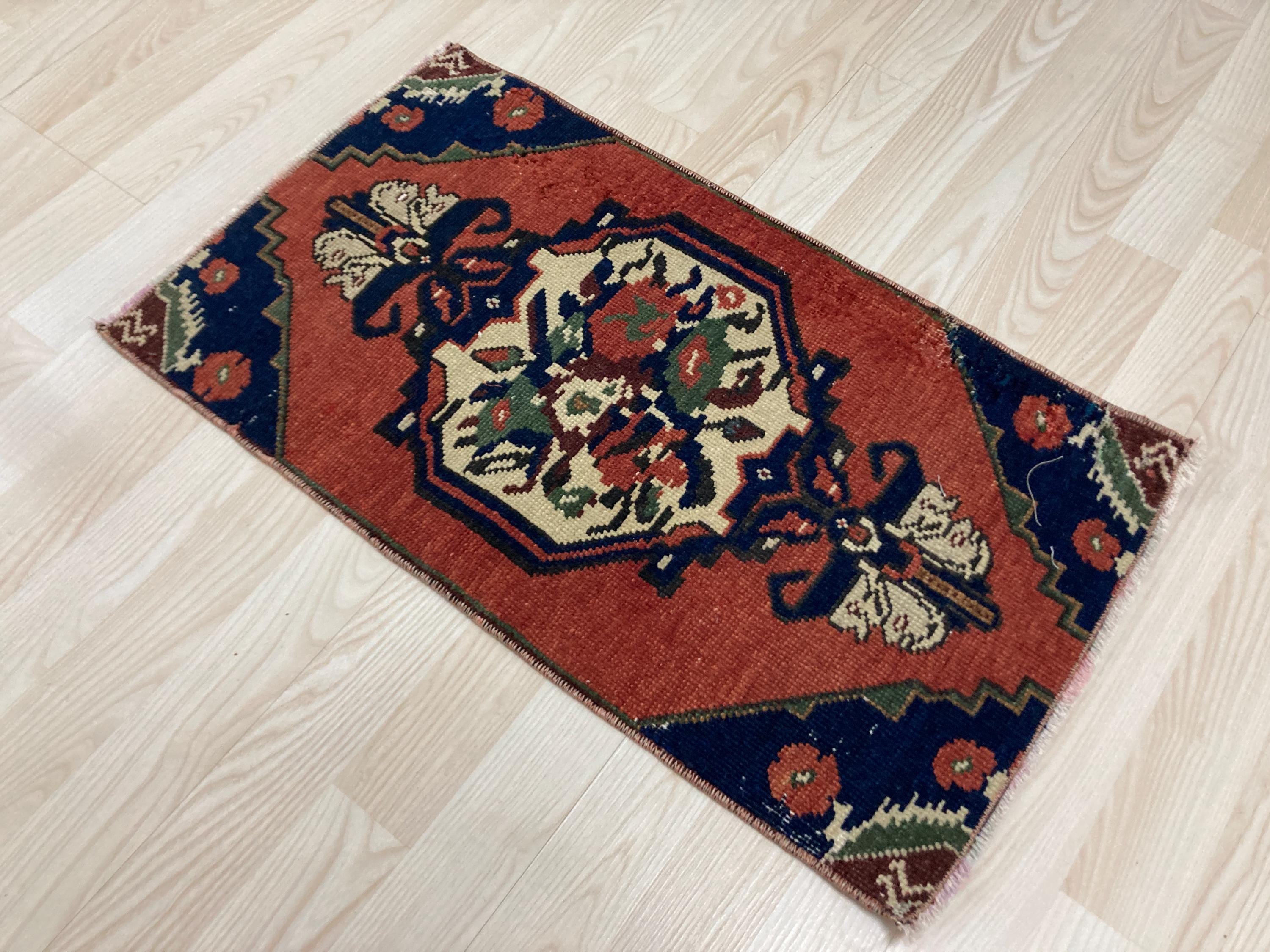 Pink Hand Knotted Wool Vintage Rustic Doormat, Antique Turkish