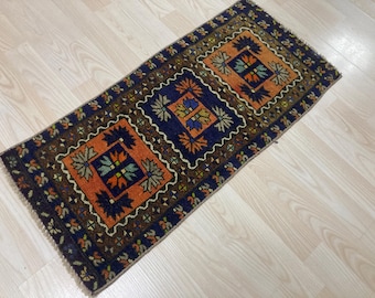 1,2 x 2,7 Fuß, Türkischer Teppich, Orientteppich, Bunter Teppich, Vintage-Miniteppich, Kleiner orangefarbener Teppich, Boho-Teppich, Fußmatte, Oushak-Teppich, Wollteppich, Badeteppich