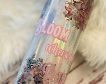 Distressed Flowers Glitter Tumbler with Handle: Epoxy Coated 20oz Skinny Tumbler