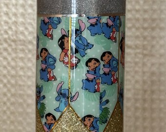Stitch Pencil 20oz Skinny Tumbler: Glitter Epoxy, Metal Straw