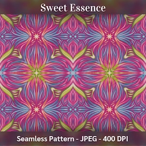 May include: A seamless pattern featuring a geometric design in pink, blue and green. The pattern is made up of repeating shapes that create a kaleidoscope effect. The title "Sweet Essence" is at the top of the image and "Seamless Pattern - JPEG - 400 DPI" is at the bottom.