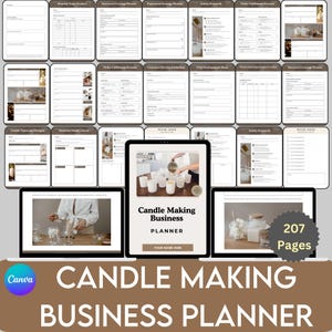 Op de afbeelding: Een digitale business planner voor kaarsen maken met 207 pagina's, weergegeven op een tablet en twee laptops. De planner bevat sjablonen voor verschillende aspecten van het bedrijf, met de titel "Candle Making Business Planner" en het Canva-logo.