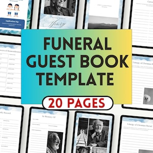 May include: A digital funeral guest book template with a gradient blue and yellow background. The text "FUNERAL GUEST BOOK TEMPLATE" is prominently displayed. The template includes 20 pages and sample layouts.