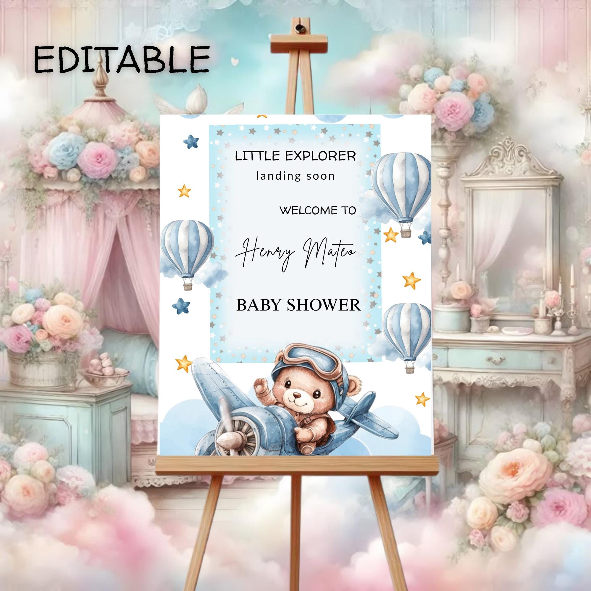Blue Baby Shower Welcome Sign | Editable Canva Template (digital ...