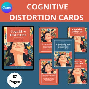 Cartes sur les distorsions cognitives, ressources de thérapie numérique pour défier les pensées négatives, cadeau de recadrage des pensées pour adulte