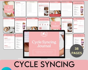May include: A pink and white digital journal cover with the text "Cycle Syncing Journal" and "Aligning your life with your menstrual cycle". The journal has 38 pages.
