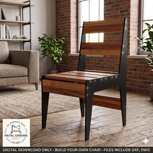 Puede incluir: Una silla con estructura de metal negro con remaches plateados expuestos y listones de madera horizontales en el asiento y el respaldo. El texto METAL GARDEN CRAFT EST. 2026 es visible, junto a DIGITAL DOWNLOAD ONLY BUILD YOUR OWN CHAIR.