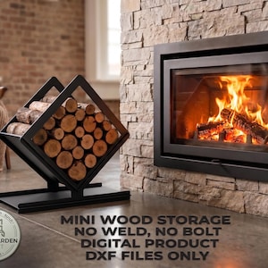 May include: A black metal diamond-shaped firewood rack filled with stacked logs. The image includes text stating: MINI WOOD STORAGE, NO WELD, NO BOLT, DIGITAL PRODUCT, DXF FILES ONLY, and a circular logo for METAL GARDEN CRAFT EST 2026.
