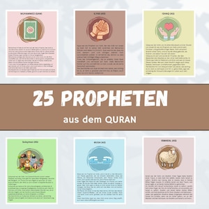 Könnte beinhalten: Eine bunte Tabelle mit Illustrationen von 25 Propheten aus dem Koran. Die Tabelle ist in 5 Abschnitte unterteilt, jeder mit dem Namen eines anderen Propheten und einer kurzen Beschreibung. Die Tabelle ist mit "25 PROPHETEN aus dem KORAN" betitelt.