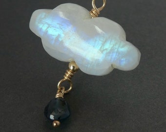 Gold Rainbow Moonstone Cloud and Raindrop Pendant - Blue Flash Moonstone, Indicolite Tourmaline, 14 carat Gold-filled, 18 inch Chain