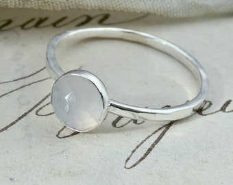Morning Mist Sterling Silver and Rose Cut Chalcedony Gemstone Ring in a UK Size N - Stacker Ring, Gemstone Jewellery, Silver Chalcedony Ring