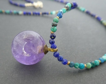 Mysterious Witches Ball Victorian Amethyst Magic Orb Lapis Lazuli Chrysocolla and Pearl Necklace - 14k Gold-filled, Fob, Beaded Necklace