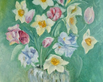 Vintage Spring Flowers Painting - Original Art, Still Life, Cottage Core, Pastel, Mid Century, 1970s, Naive Painting, Floral, Folk Art