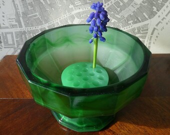 Vintage Art Deco Davidson Green Cloud Glass Flower Frog Posy Bowl - Posy Holder, Flower Display, Floristry, Flower Arranging, Mantle Decor