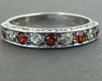 Edwardian Garnet and Paste Silver Ring - UK Size K, Marked 'SIL', Half Eternity Ring, Bohemian Garnet, Midi Ring, Paste Silver