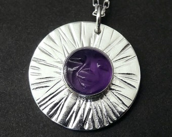 Moon Goddess Amethyst and Sterling Silver Pendant - February Birthstone, Hammered Silver, Celestial, Man in the Moon, Smiling Moon